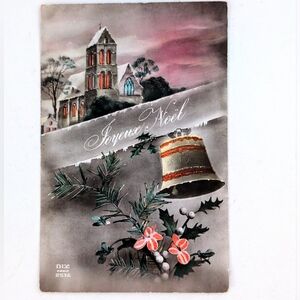 French Joyeux Noel Merry Christmas Church and Bell Holly Postcard